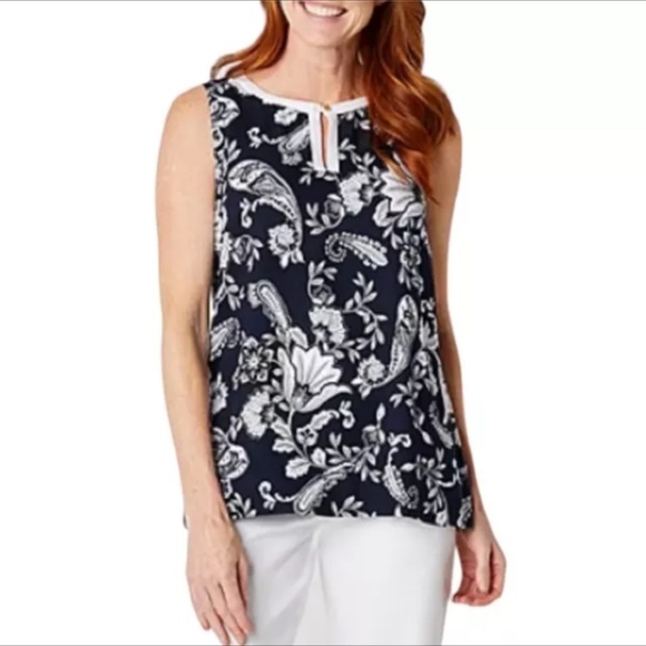 Liz Claiborne NWT Women's SZ L Navy Blue w/ White Floral Paisley Tank Top - Picture 2 of 13